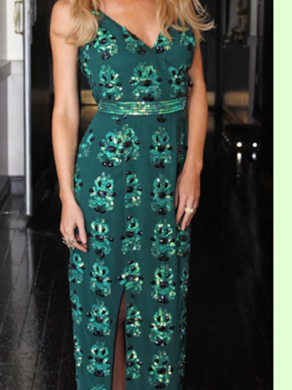 Virgos Lounge Green Embellished V-Neck Evening Dress